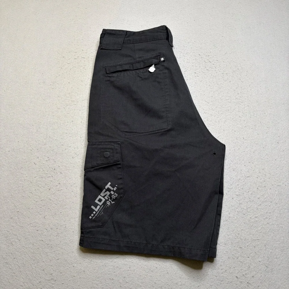 Lost Enterprises Cargo Shorts Mens 32 Black Y2K Skate The System Is Down Graphic